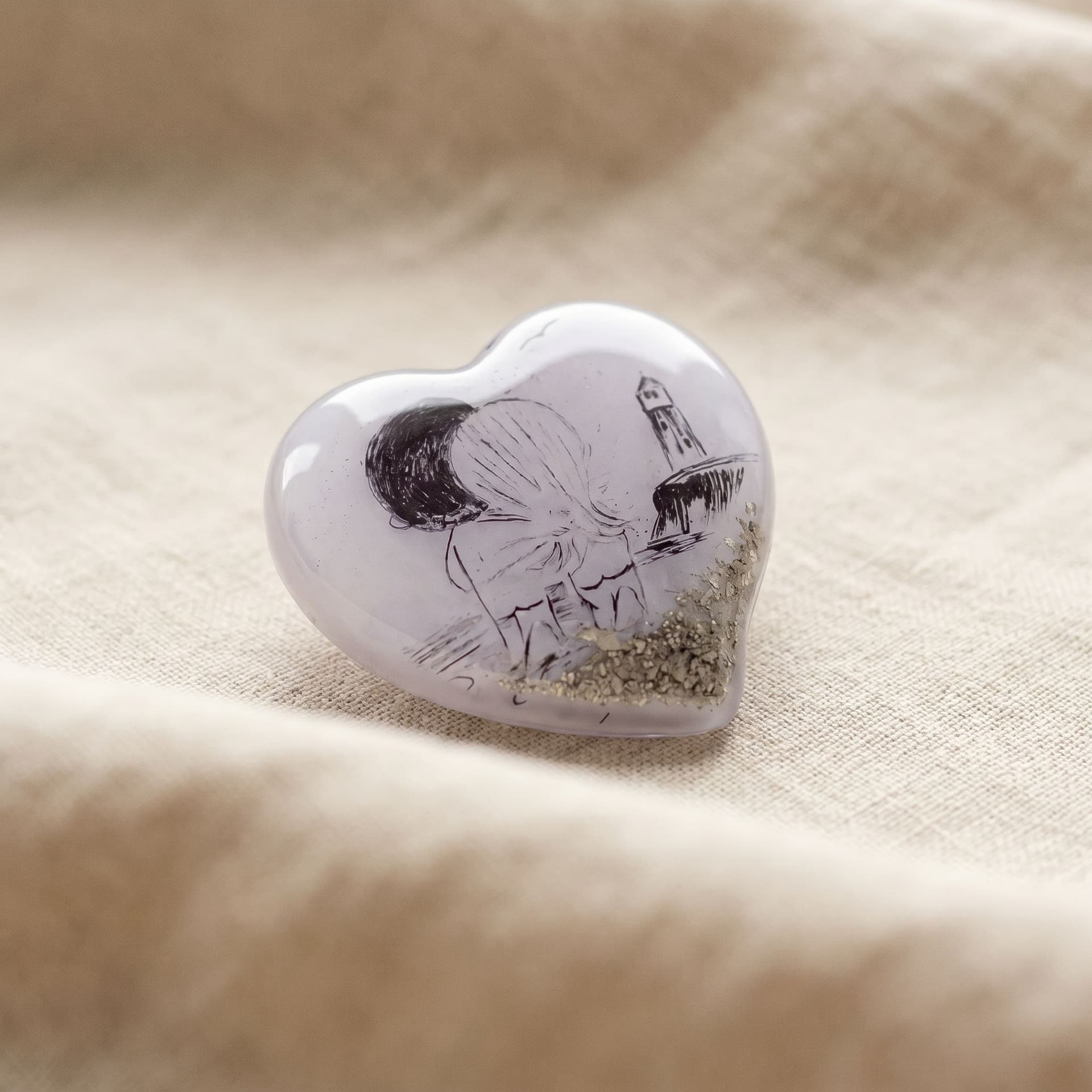 Heart Memory Stone with Memorabilia - close-up detail view, third angle