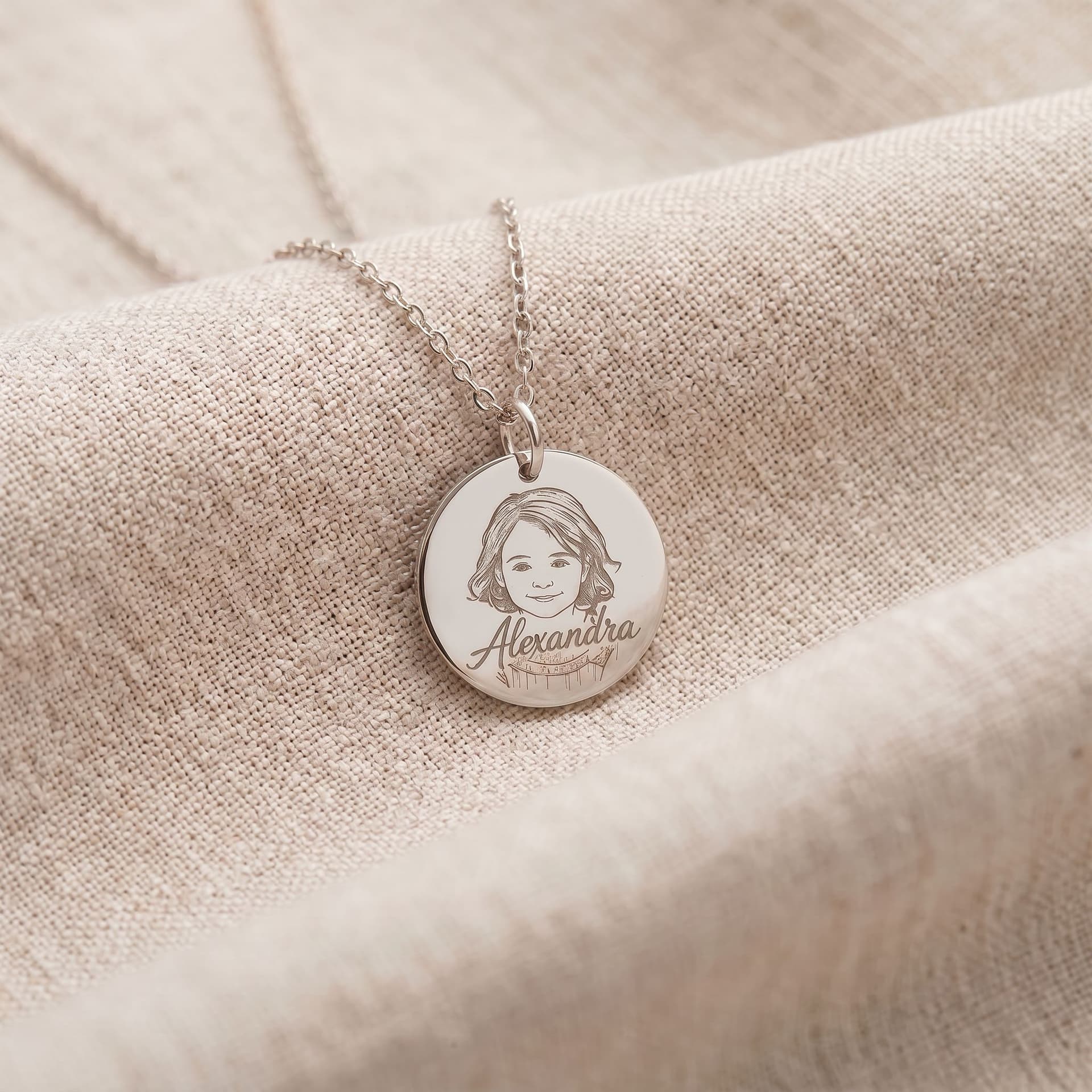 Luna Pendant with Portrait - close-up detail view, third angle