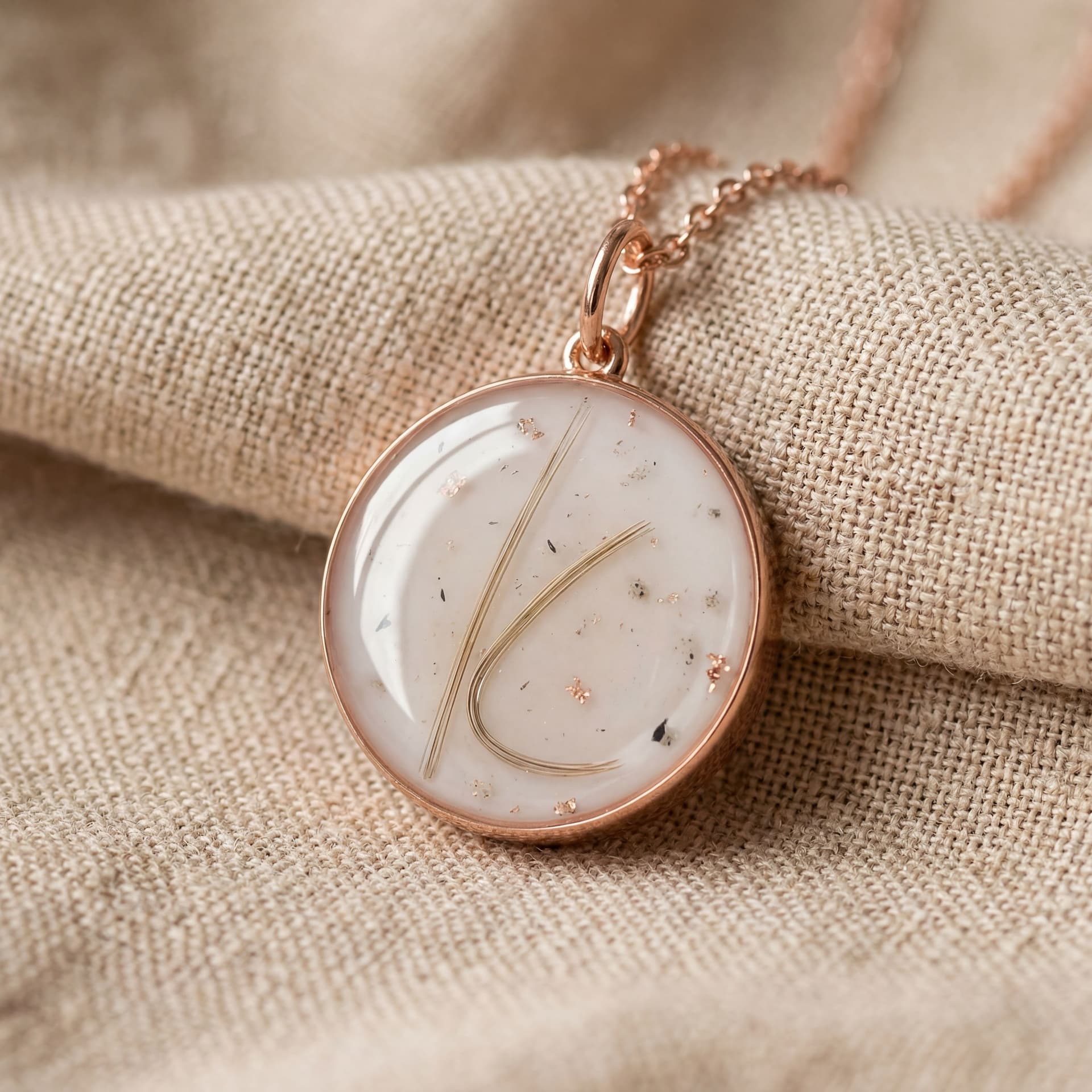 Circle of Life Pendant with Hair, Letter Shape (18 mm) - close-up detail view, third angle
