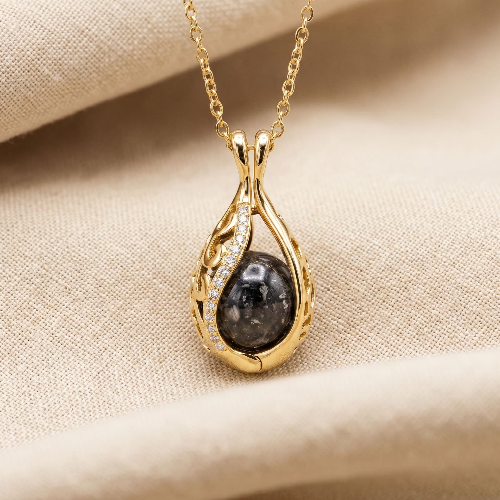 Teardrop Necklace with Ashes - close-up detail view, third angle