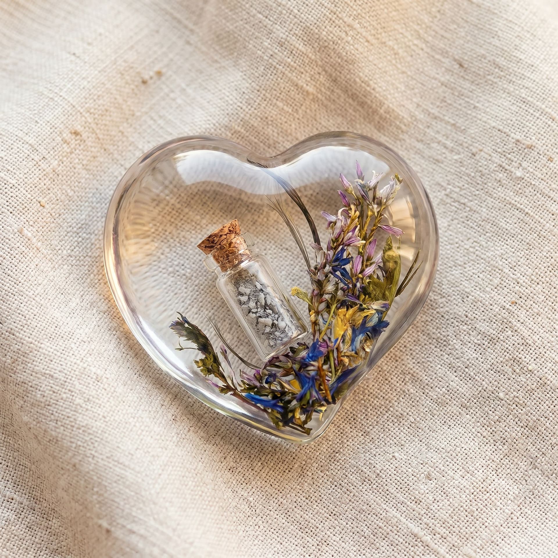 Heart Memory Stone with Ashes Bottle - close-up detail view, third angle