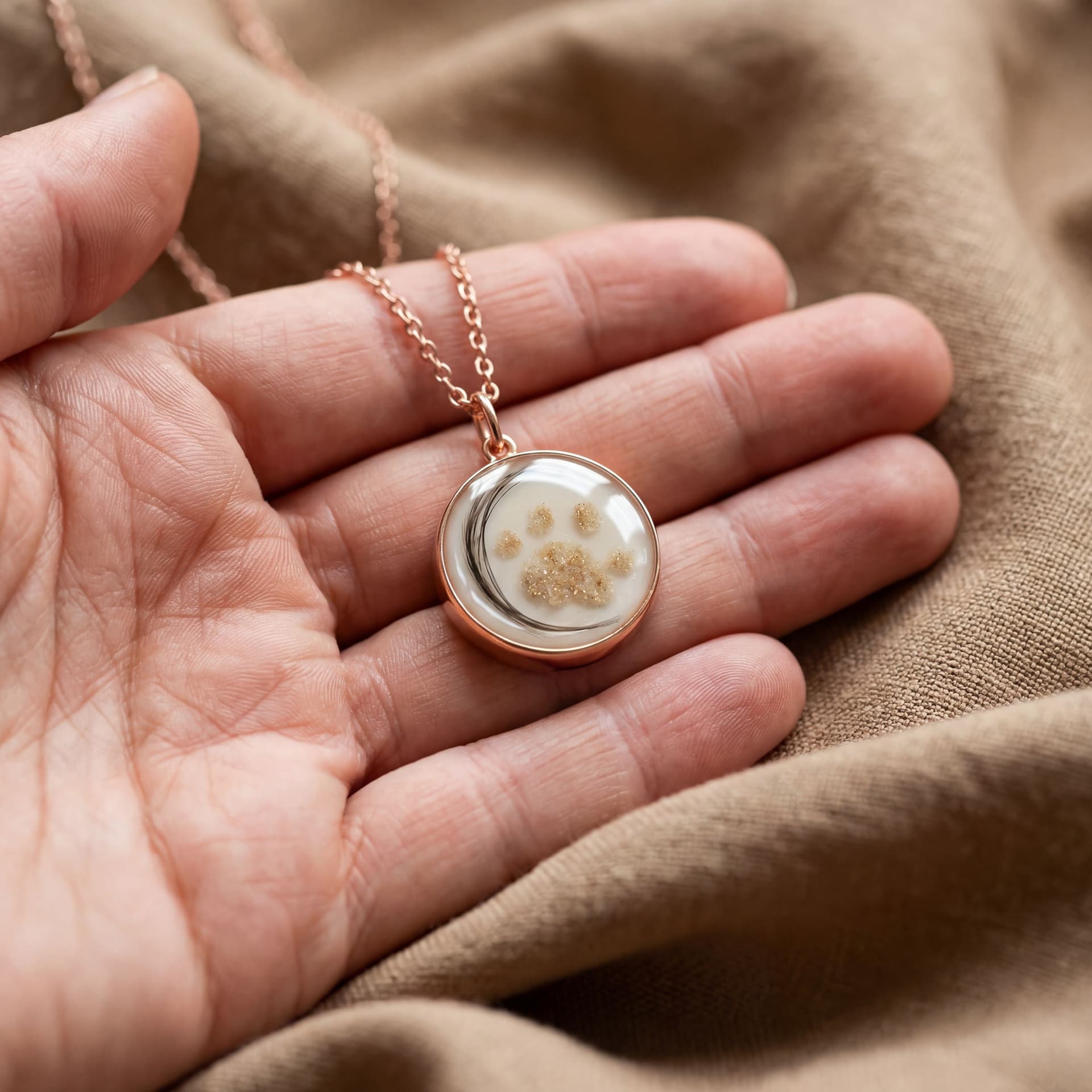Circle of Life Pendant with Ashes, Paw (18 mm) - held in hand