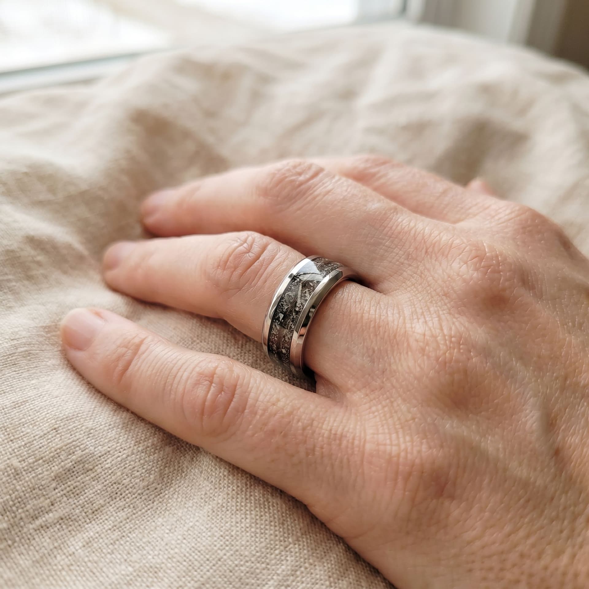 Universe Band Ring with Ashes - held in hand