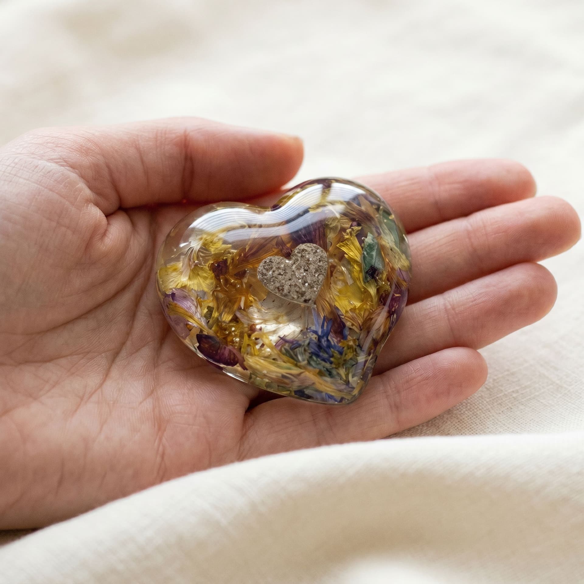 Heart Memory Stone with Heart-Shaped Ashes - held in hand