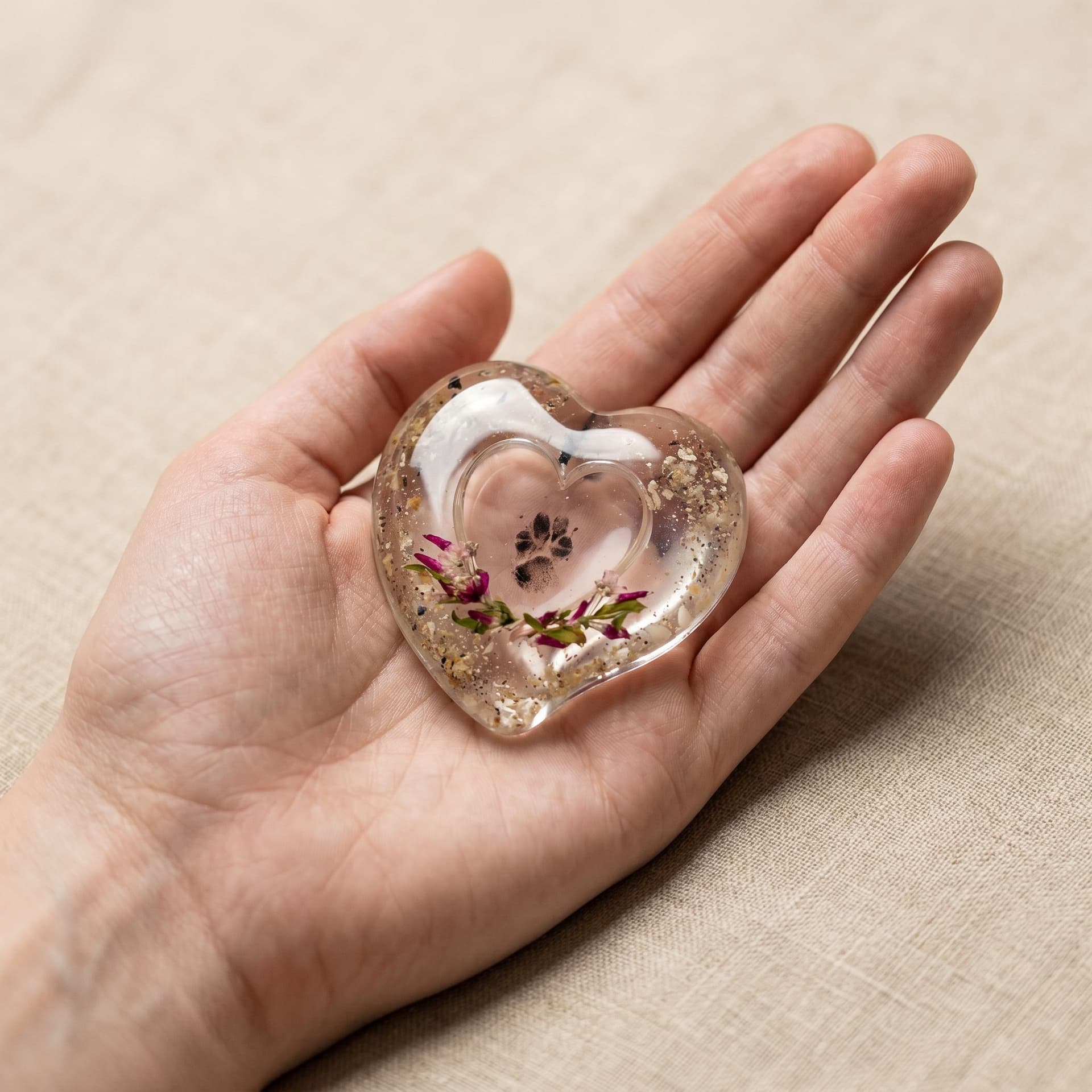 Heart Memory Stone with Memorabilia - held in hand