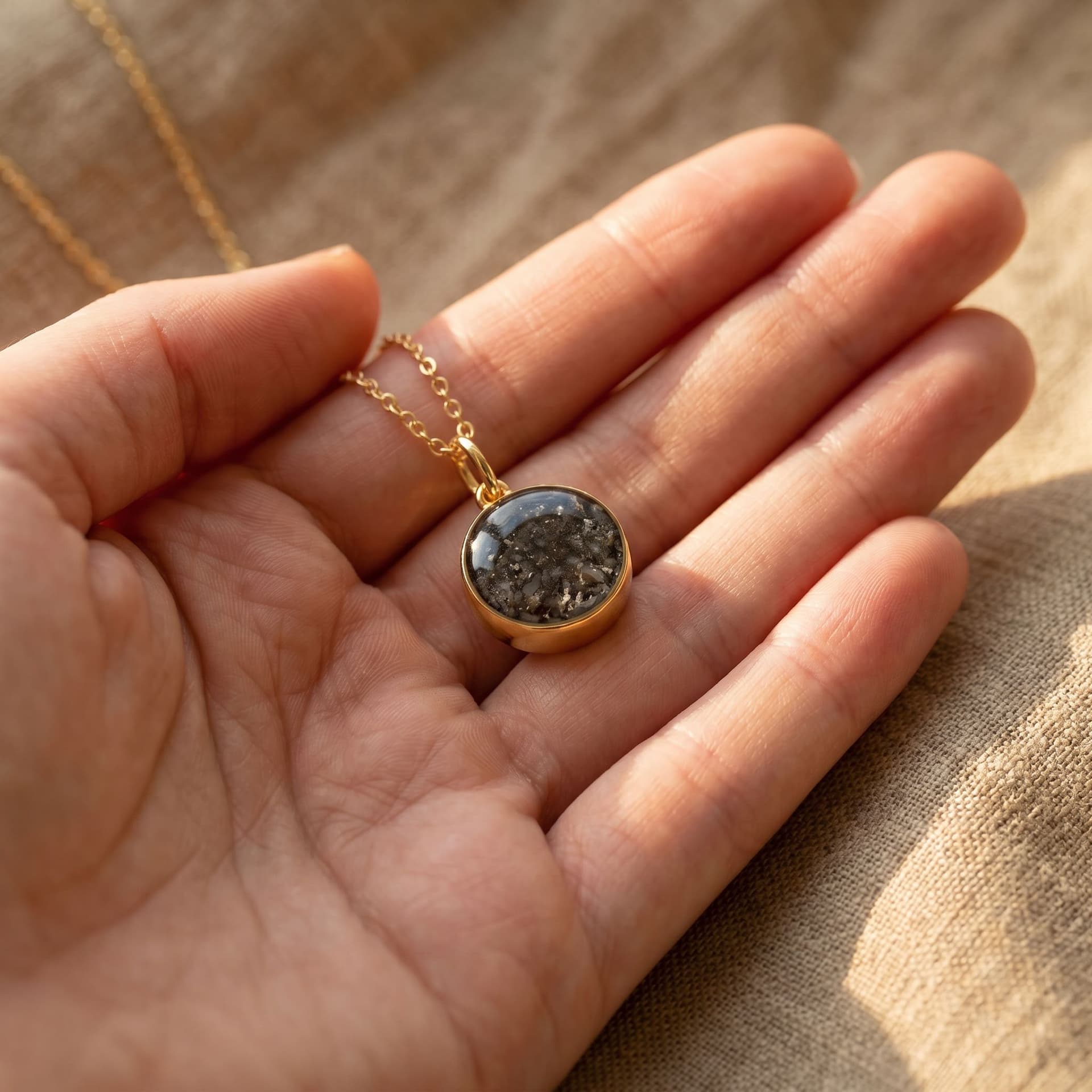 Circle of Life Necklace with Ashes (12 mm, 14K Gold) - held in hand