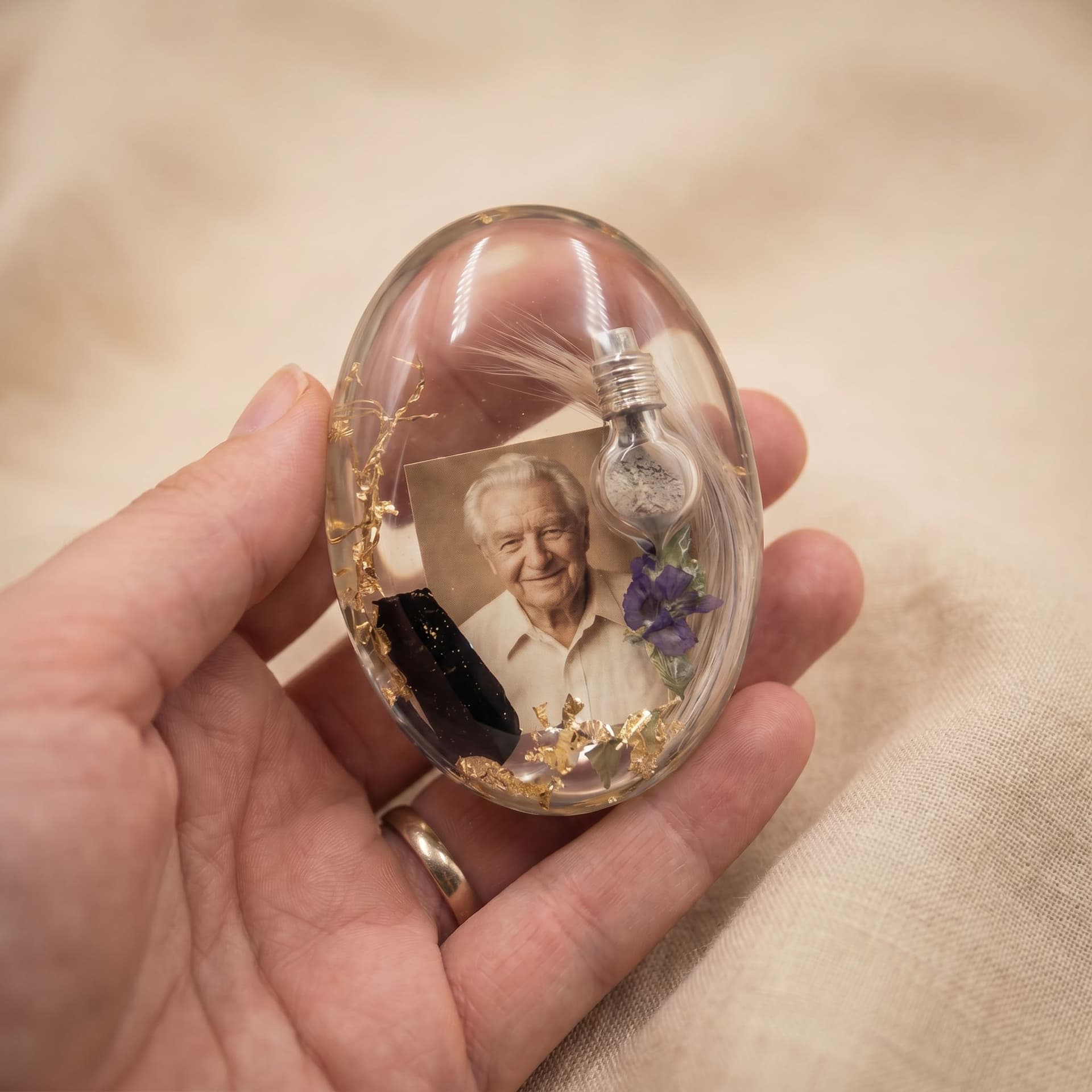 Oval Memory Stone with Ashes Bottle - held in hand