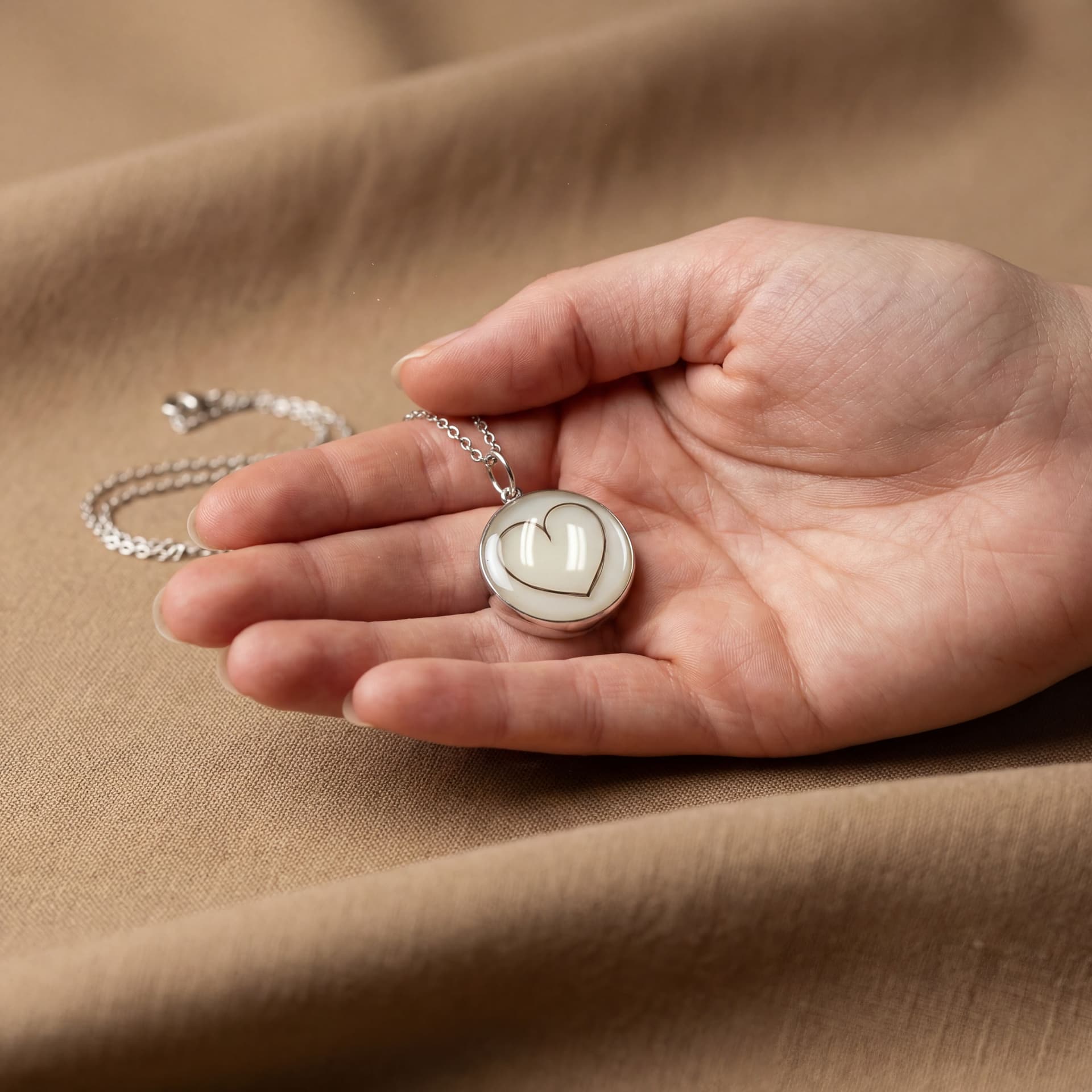 Circle of Life Pendant with Hair, Heart Shape (18 mm) - held in hand