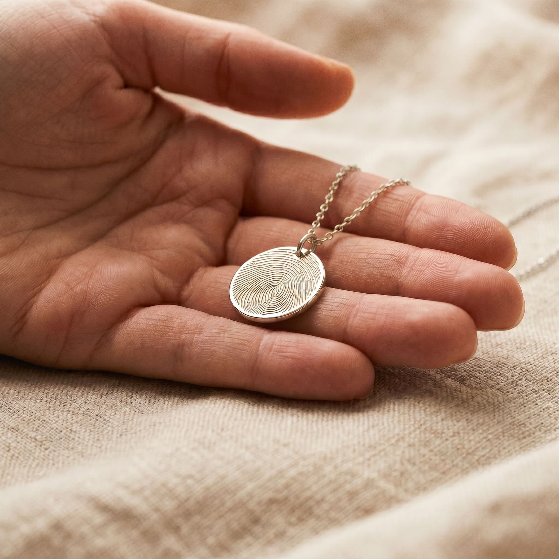 Luna Pendant with Fingerprint (14K Gold) - held in hand