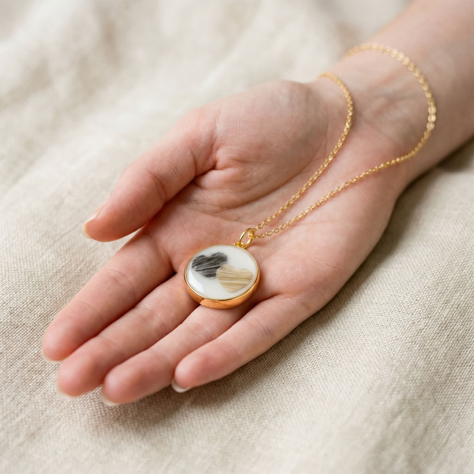 Circle of Life Pendant with Pet Fur, Two Hearts (18 mm) - held in hand, second view