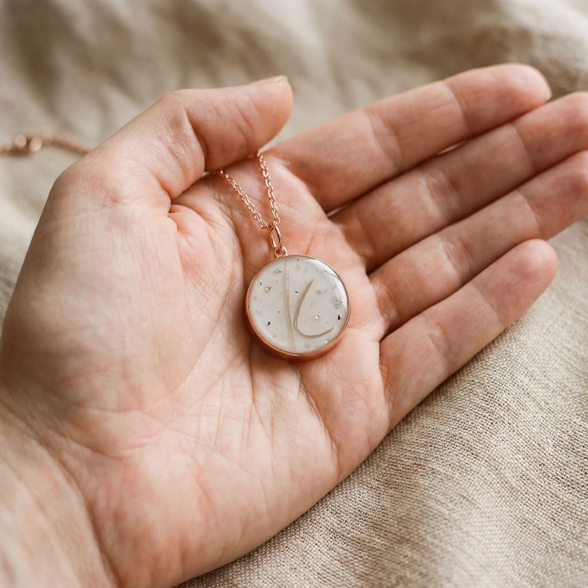 Circle of Life Pendant with Hair, Letter Shape (18 mm) - held in hand, second view