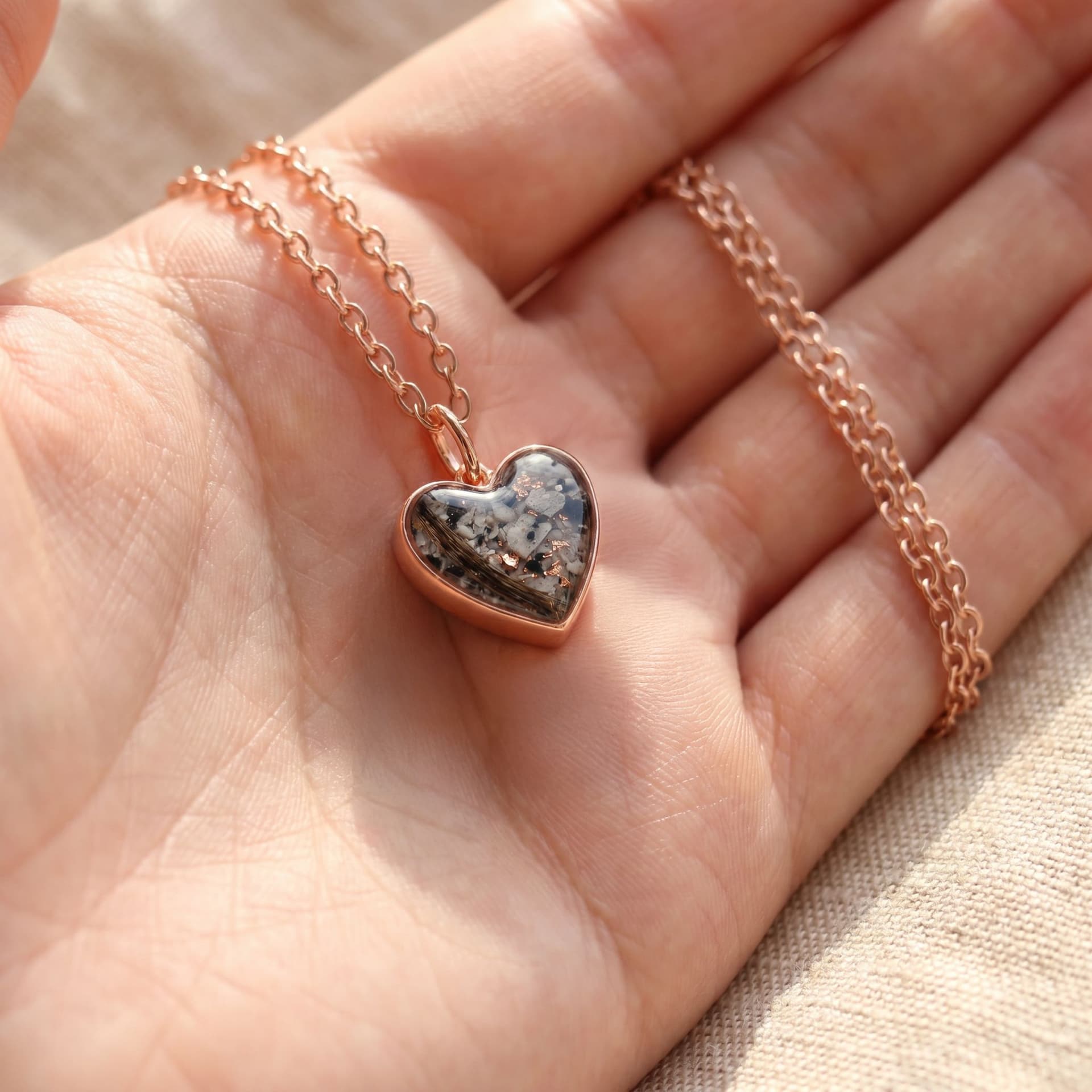Sweetheart Necklace with Ashes - held in hand, second view