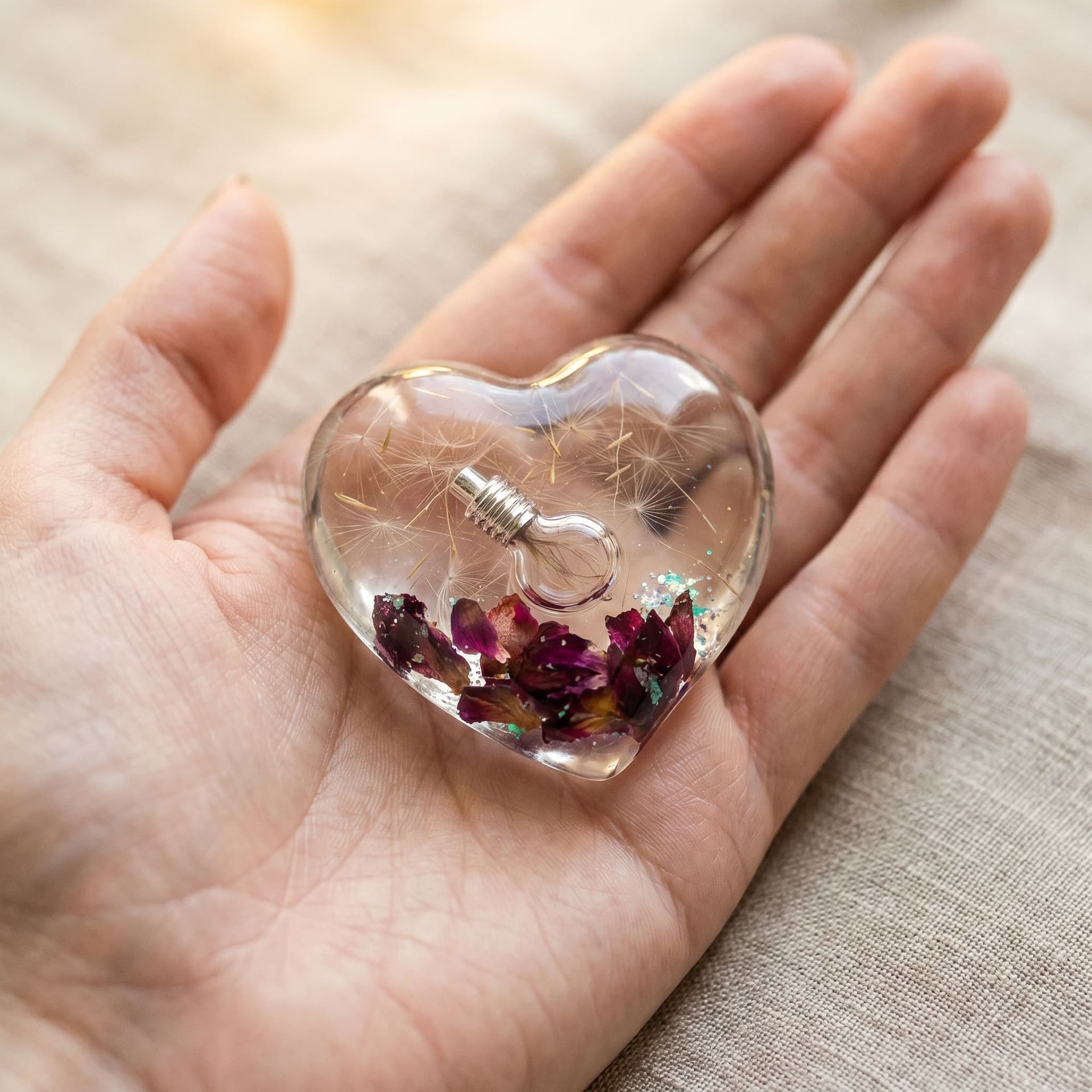 Heart Memory Stone with Ashes Bottle - held in hand, second view
