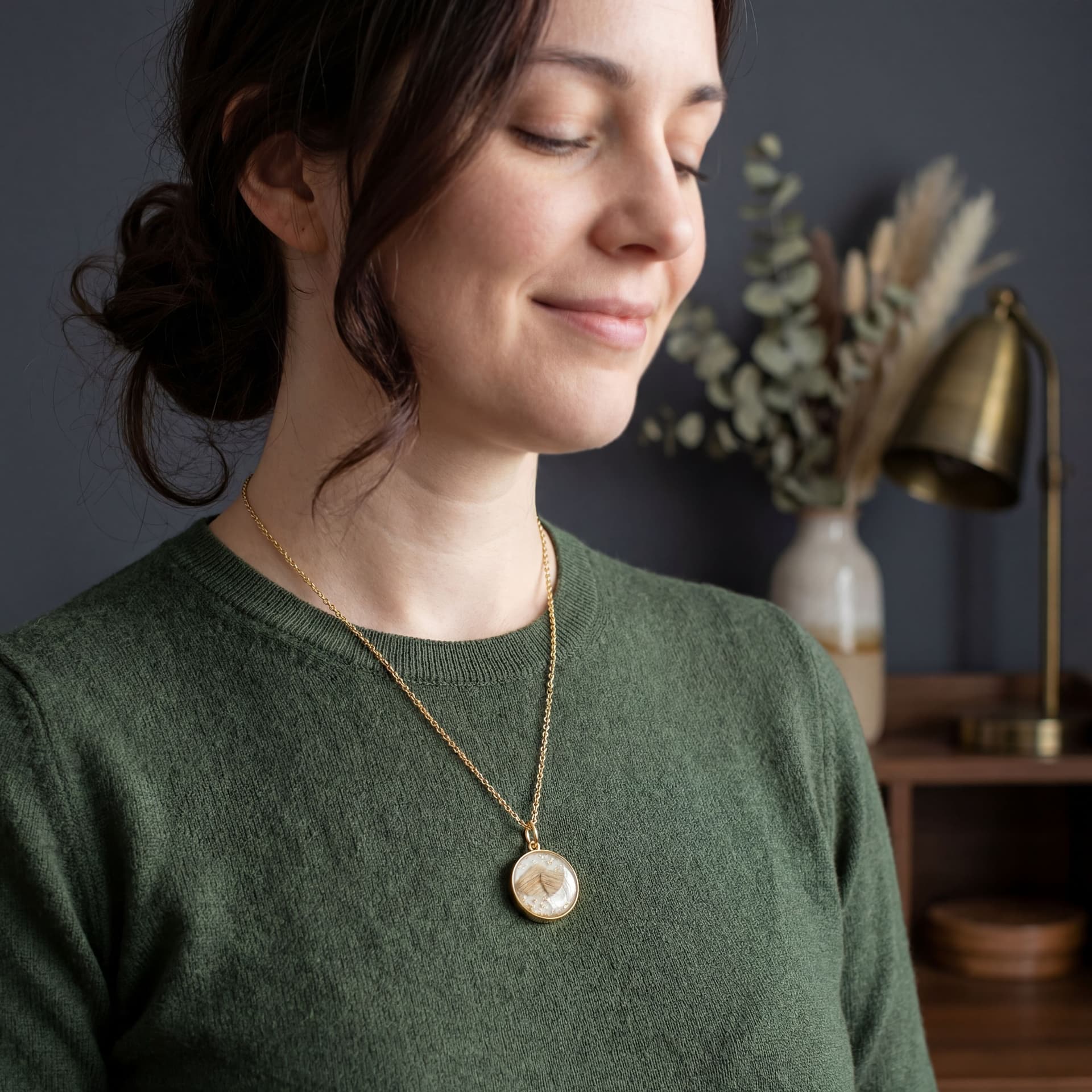 Circle of Life Pendant with Pet Fur, Two Hearts (18 mm) - worn by a model